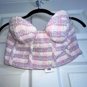 NWT Zara X Small Tweed Bustier Crop Corset Top Pink Purple Plaid XS Blogger Fav